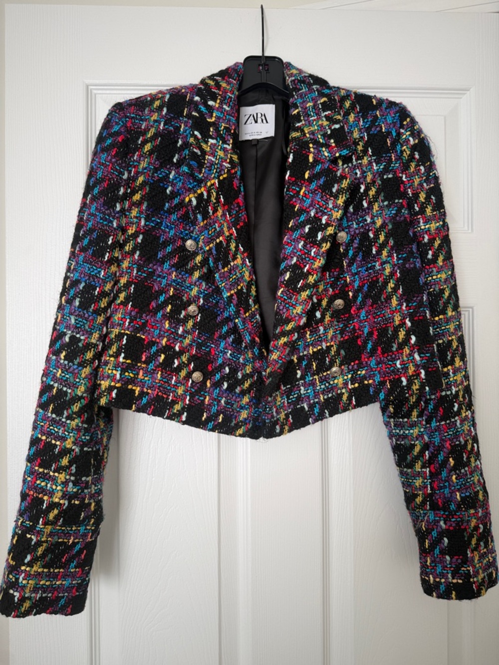 ZARA Black Cropped Tweed Blazer with Multicolor Thread